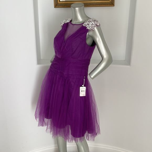 KATHY HILTON Raspberry Fit & Flare Mesh Dress Beads Embellished Shoulder Size 10 - Picture 3 of 14